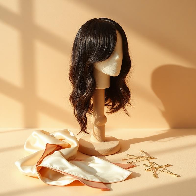 A Kady wig on a stand beside a silk wrap and gold pins